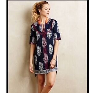 Anthropologie Ranna Gill Navy Blue Embroidered Floral Shift Dress XS Boho